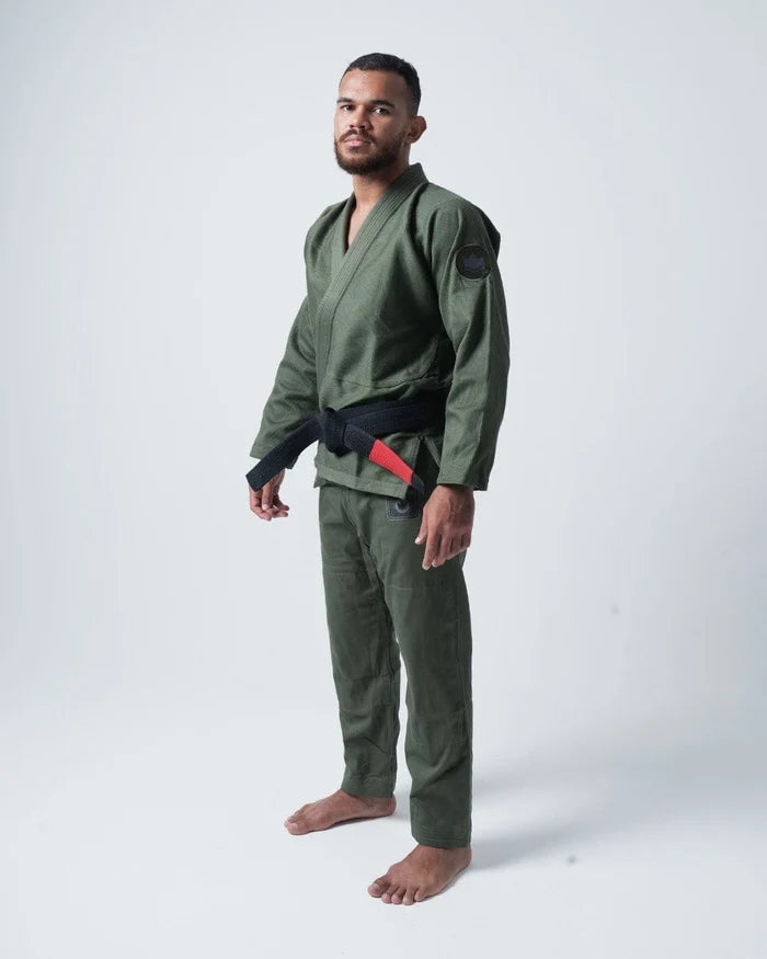 Kingz Classic 3.0 Jiu Jitsu Gi Military Green - Full Body Front View Male Athlete Black Belt Patch Left Arm Tailored Fit Durable Fabric BJJ Gi Training [color:Military Green]