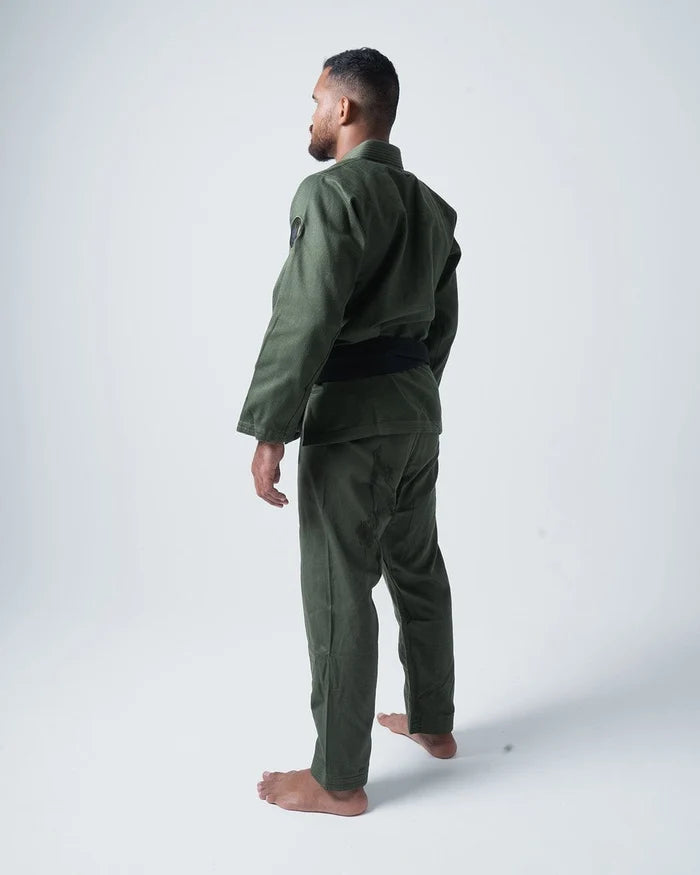 Kingz Classic 3.0 Jiu Jitsu Gi - Military Green - Back View Male Athlete Solid Military Green Gi Black Belt Minimalist Design Durable Fabric BJJ Training Gi [color:Military Green]