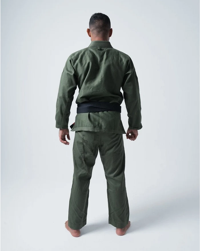Kingz Classic 3.0 Jiu Jitsu Gi Military Green - Back View Male Athlete Solid Military Green Fabric Subtle Crown Logo Back Collar Durable Stitching BJJ Gi Training Martial Arts [color:Military Green]