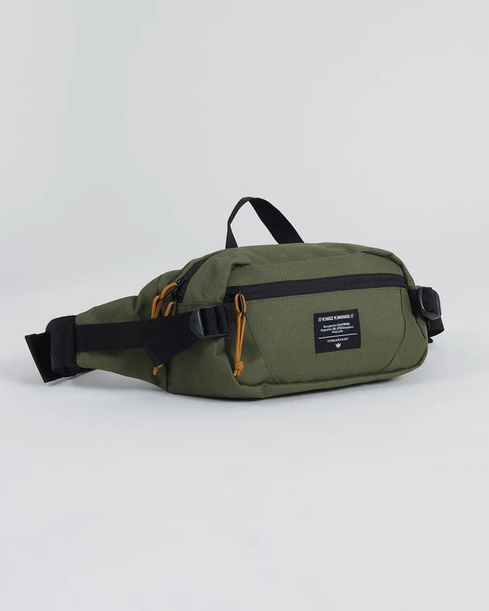 Kingz Cross Body Bag Military Green - Front View - Hip Pack with KINGZ Badge Orange Accents BJJ Bag