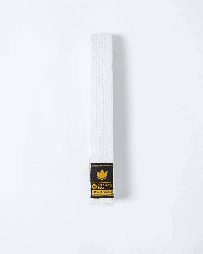 Kingz Gold Label V2 Jiu Jitsu Belt - White Belt Full View - Premium BJJ Rank Belt