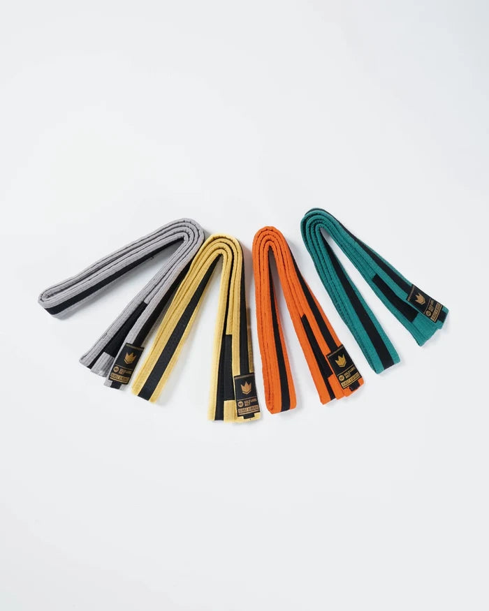 Kingz Gold Label V2 Kids Belt Black Stripe - Group View All Colors Fanned - Youth BJJ Belt Set