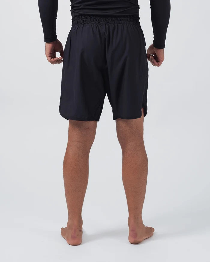 Kingz Kore V2 Shorts Black - Full Body Back View Male Athlete Black Grappling Shorts Clean Back Panel Elastic Waistband Side Vents Competition Cut Mid-Thigh Length Black KINGZ Rashguard Bare Feet Men's No-Gi BJJ MMA Kore Collection [color:Black]