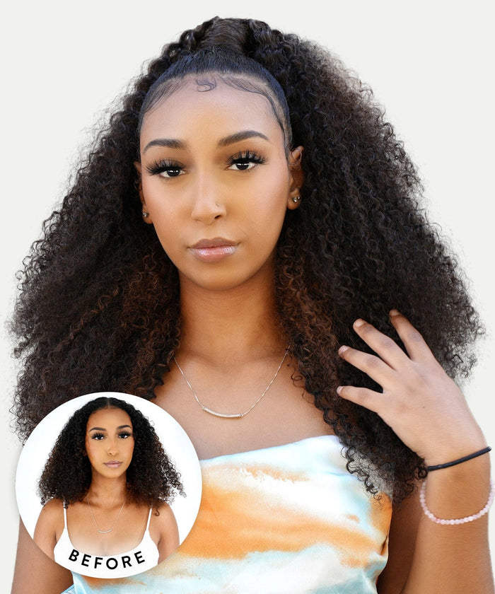 A woman with voluminous, styled curls and laid edges looks at the camera; an inset shows her before using curly ponytail extensions.