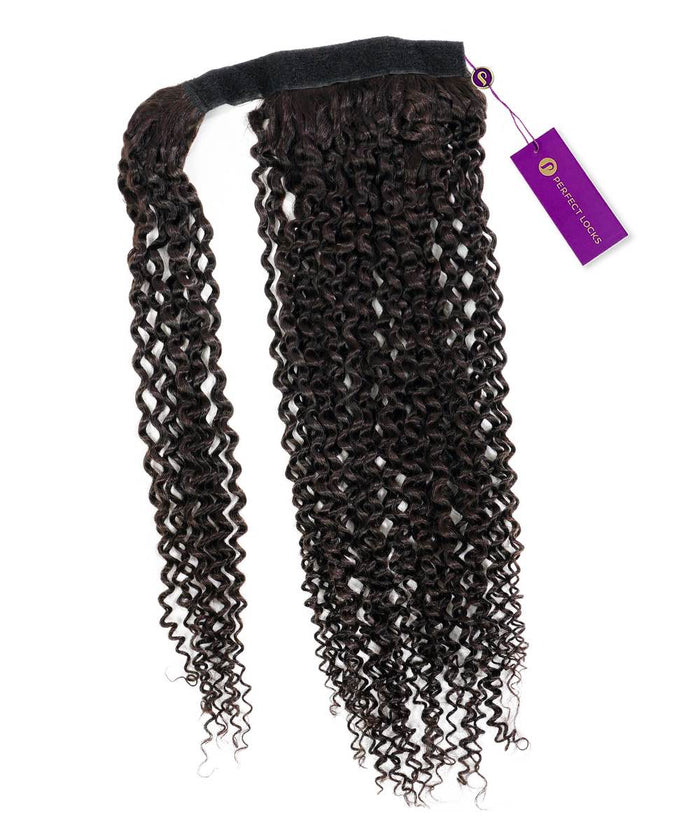 The Perfect Locks Kinky Curly Clip-In Ponytail Extensions in Chocolate Brown have tight coils, a black top band, and a purple tag.#color_natural-black-(1B)