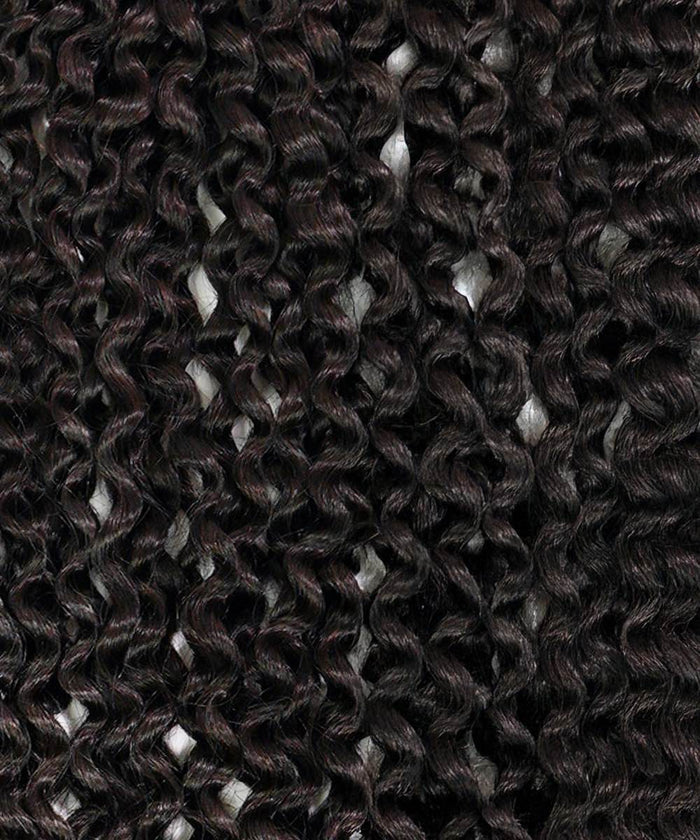 Close-up of densely packed, kinky curly strands in golden brown with clip-in ponytail extensions, showing defined curls and shine.#color_natural-black-(1B)
