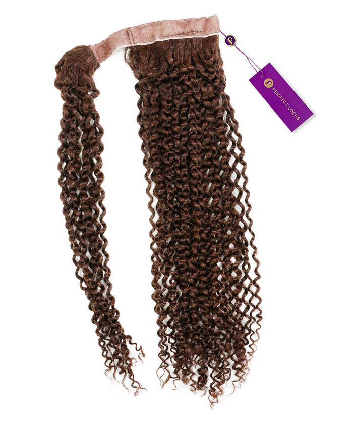 The Perfect Locks Kinky Curly Clip-In Ponytail Extensions in Honey Blonde feature tightly coiled curls, pink band, purple tag.#color_chocolate-brown-(3)