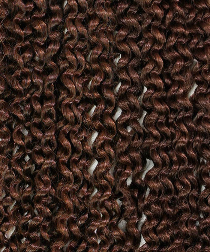 Close-up of Platinum Blonde  Kinky Curly Clip-In Ponytail Extensions by Perfect Locks, arranged in vertical rows to showcase tightly coiled curls, texture, and shine.#color_chocolate-brown-(3)
