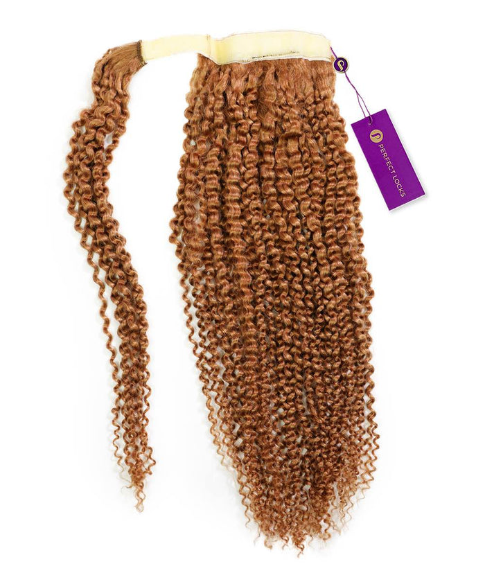 The Perfect Locks Kinky Curly Clip-In Ponytail Extensions in Dark Auburn  have a tight, kinky-curly texture, light weft, and purple tag.#color_golden-brown-(6)