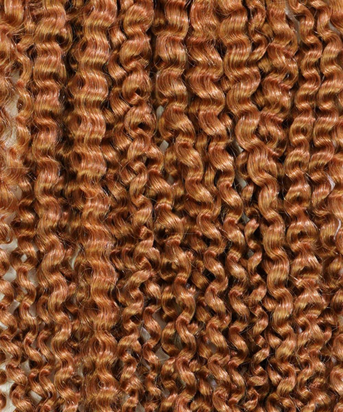 Close-up of Perfect Locks Kinky Curly Clip-In Ponytail Extensions in golden brown, with tightly coiled, uniform curls for volume.#color_golden-brown-(6)
