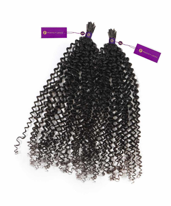 Two bundles of tightly coiled, curly black hair extensions with purple tags side by side on a white background, perfect for volume.