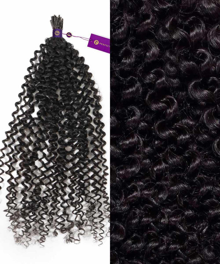 Bundles of tightly coiled, black synthetic hair extensions are displayed on the left, with a close-up on the right highlighting the springy, defined curls and impressive curly hair texture.