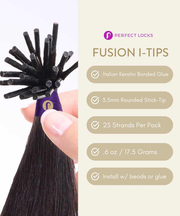 A hand holds dark hair extensions with stick-like tips; features include Italian keratin glue, Remy hair, 25 strands per pack.