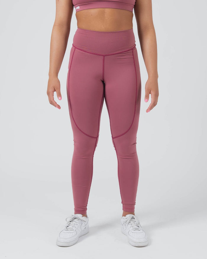 Kingz Kore Women's Grappling Spats Red - Full Body Front View Female Athlete Dusty Rose Mauve Color High-Waist Wide Waistband Side Pocket Right Thigh Full-Length Compression Fit White Sneakers Women's No-Gi BJJ Spats Kore Collection [color:Dusty Rose]