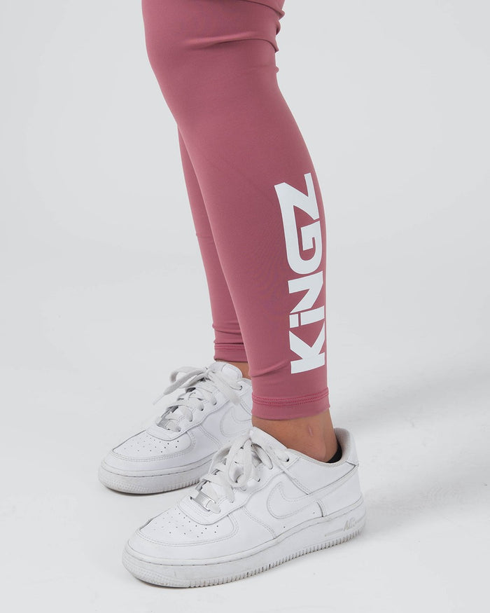 Kingz Kore Women's Grappling Spats Red - Close Up Leg Detail KINGZ Large White Vertical Text Right Calf Dusty Rose Mauve Color White Sneakers Women's No-Gi BJJ Spats Kore Collection Branding Detail [color:Dusty Rose]