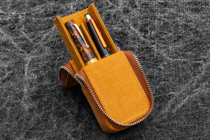 Leather Zippered Magnum Opus 2 Slots Hard Pen Case with Removable Pen Tray - Crazy Horse Brown