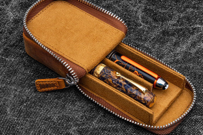 Leather Zippered Magnum Opus 2 Slots Hard Pen Case with Removable Pen Tray - Crazy Horse Brown