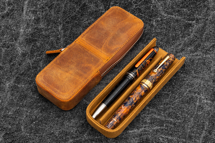 Leather Zippered Magnum Opus 2 Slots Hard Pen Case with Removable Pen Tray - Crazy Horse Brown