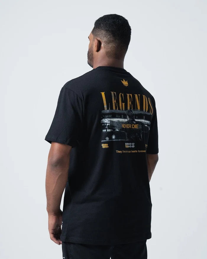Kingz Legends Never Die Tee Black - Back View Male Athlete Large LEGENDS Text Gold Crown Badge Graphic Design Casual Fit BJJ Training T-Shirt [color:Black]