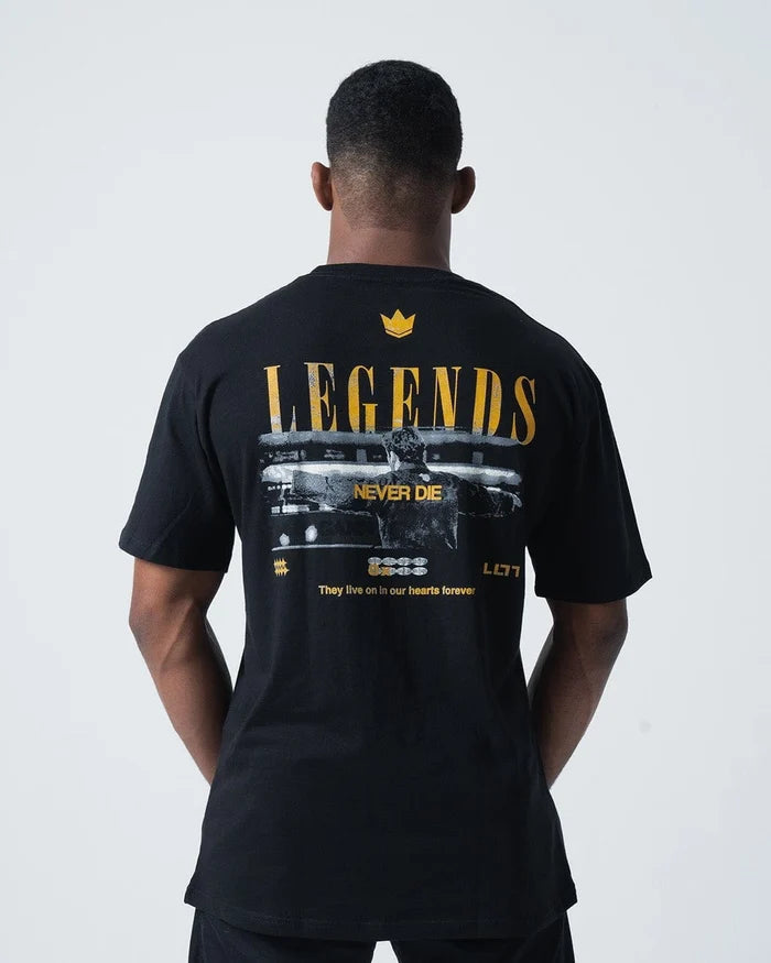 Kingz Legends Never Die Tee Black - Back View Male Athlete Large Gold LEGENDS Text Crown Logo Graphic Design Inspirational Quote Casual BJJ Training Apparel [color:Black]