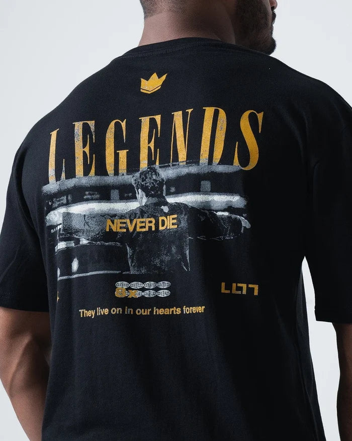 Kingz Legends Never Die Tee Black - Back View Male Athlete Large Gold Legends Text Crown Logo Graphic Print Inspirational Quote Casual BJJ Training Apparel [color:Black]
