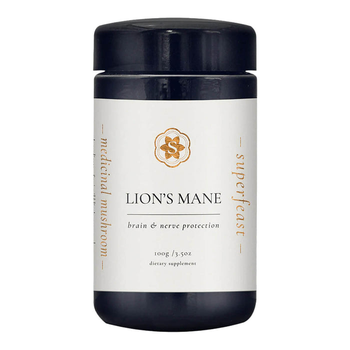 Supplement container labeled 'Lion's Mane' with black lid on a white background