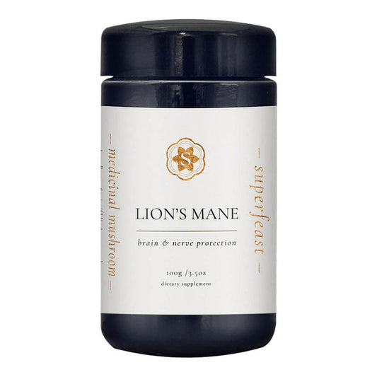 Supplement container labeled 'Lion's Mane' with black lid on a white background