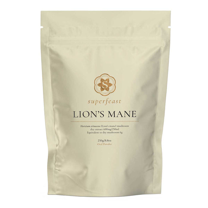 Superfeast Lion's Mane mushroom powder packaging on a white background