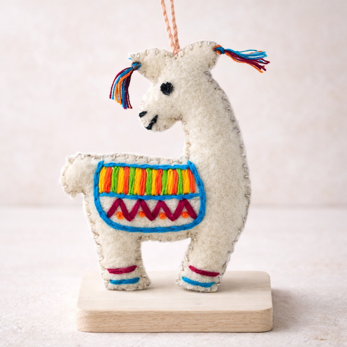Llama Felted Embroidered Wool Handmade Ornament - Mexico