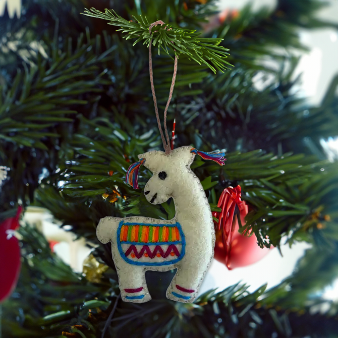 Llama Felted Embroidered Wool Handmade Ornament - Mexico