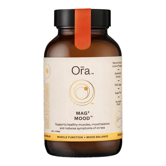 150g jar Ora Mag3 Mood, vegan supplement to support muscles, mood balance & reduce symptoms of stress.
