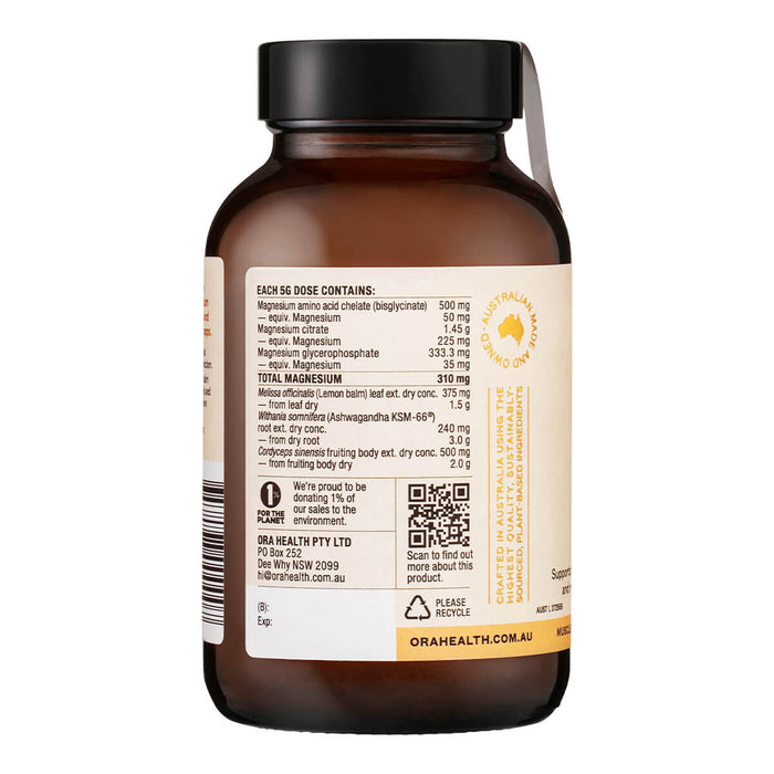 Left side of 150g jar Ora Mag3 Mood, showing ingredients. Vegan supplement to support muscles, mood balance, and reduce symptoms of stress.