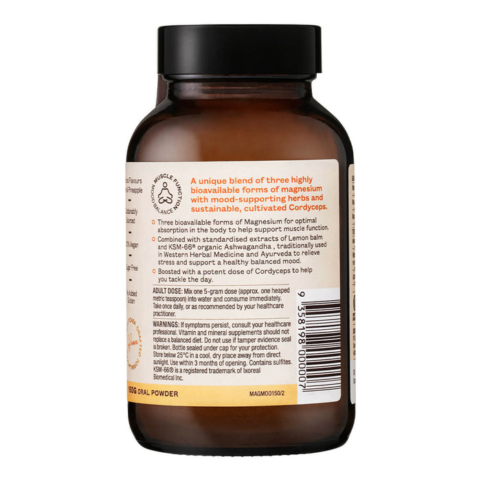 Right side of 150g jar Ora Mag3 Mood, showing benefits, directions, and warnings. Vegan supplement to support muscles, mood balance, and reduce symptoms of stress.