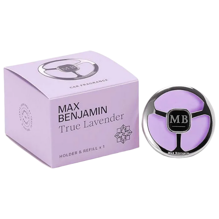 Max Benjamin True Lavender car fragrance set with packaging and refill on a white background
