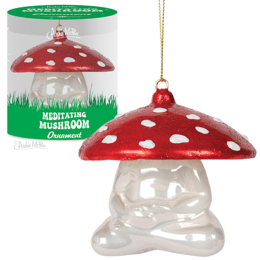The handcrafted Meditating Mushroom Ornament showcases a serene mushroom with a red cap and white spots, elegantly presented in its packaging. Ideal for enhancing the tranquility of any space, this ornament adds a peaceful touch of nature indoors.
