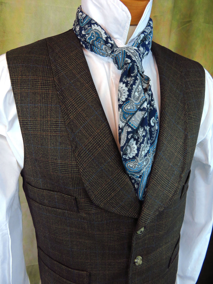 Men's Shawl Vest - Glen Plaid with Copper and Pale Blue Accents