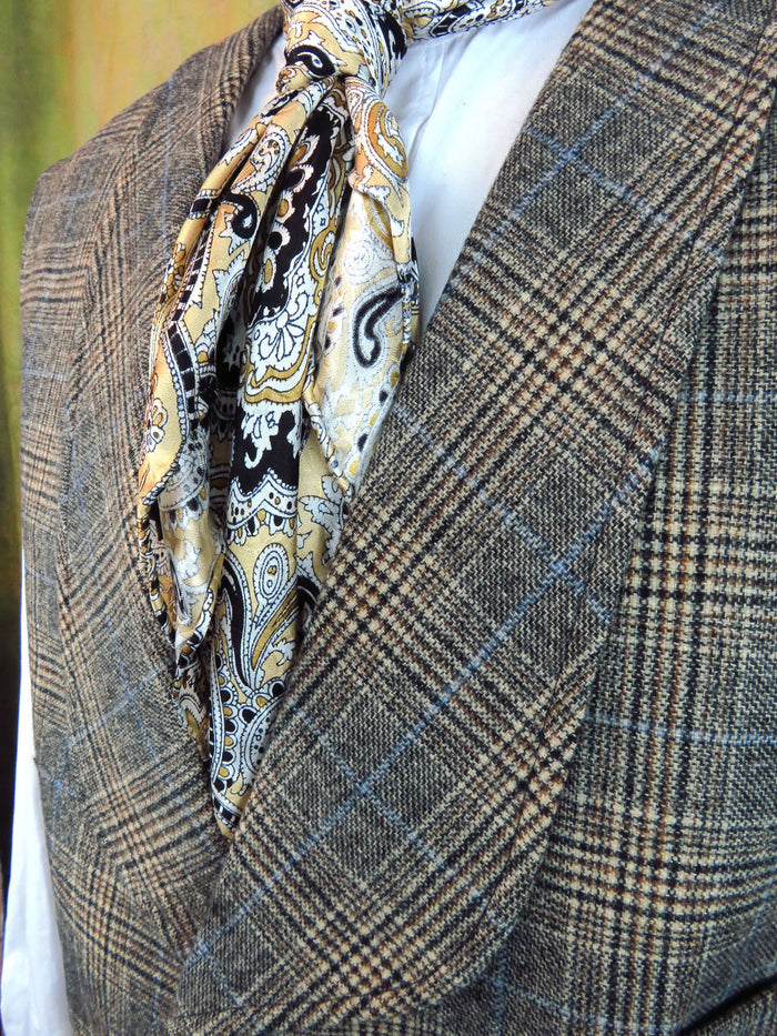 Men's Shawl Vest - Grey and Tan Glen Plaid with Powder Blue Windowpane #615-B