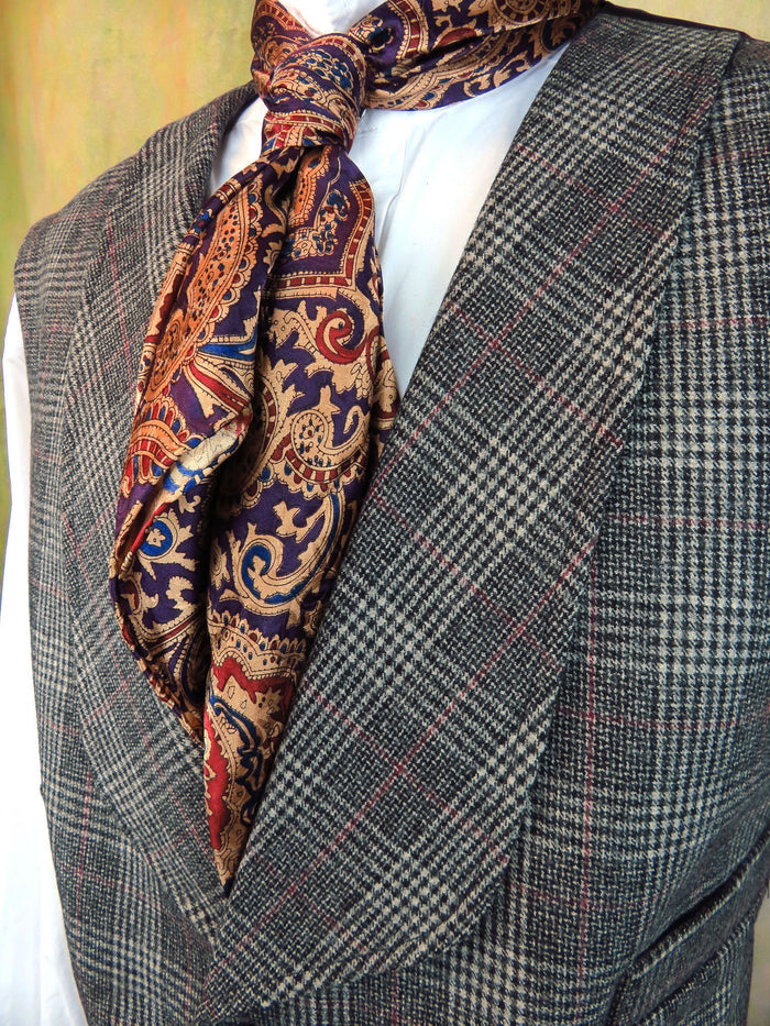 Men's Shawl Vest - Pewter Grey and Wine Glen Plaid #540