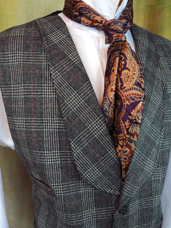 Men's Shawl Vest - Pewter Grey and Wine Glen Plaid #540