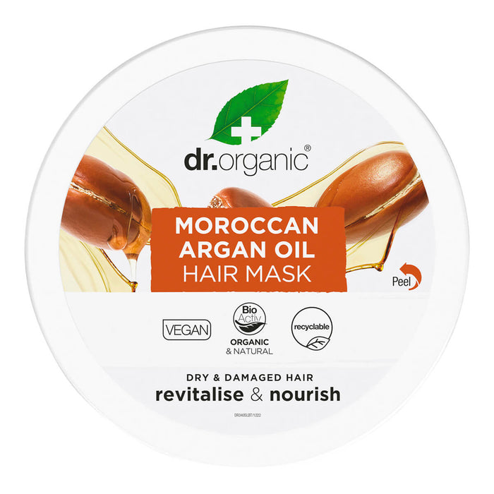 200ml tub Dr. Organic Moroccan Argan Oil Hair Mask, leaves hair smooth and naturally replenished.