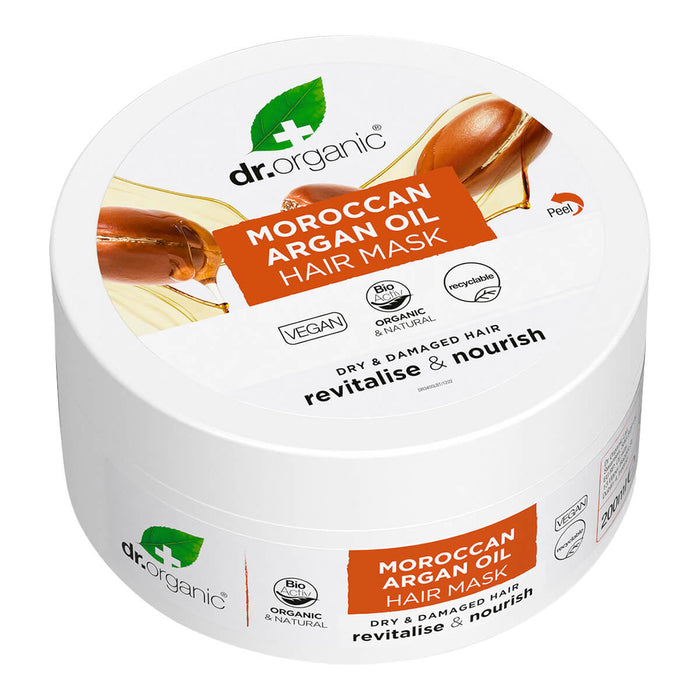 Top view of 200ml tub Dr. Organic Moroccan Argan Oil Hair Mask, leaves hair smooth and naturally replenished.