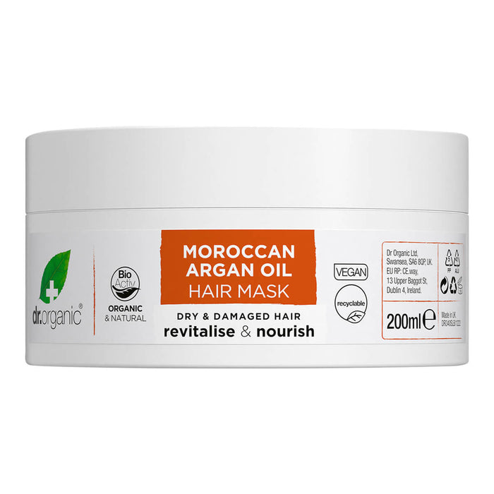 Side view of 200ml tub Dr. Organic Moroccan Argan Oil Hair Mask, leaves hair smooth and naturally replenished.