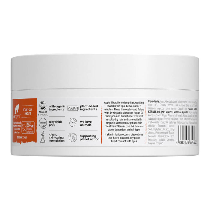 Back of 200ml tub Dr. Organic Moroccan Argan Oil Hair Mask, showing ingredients.
