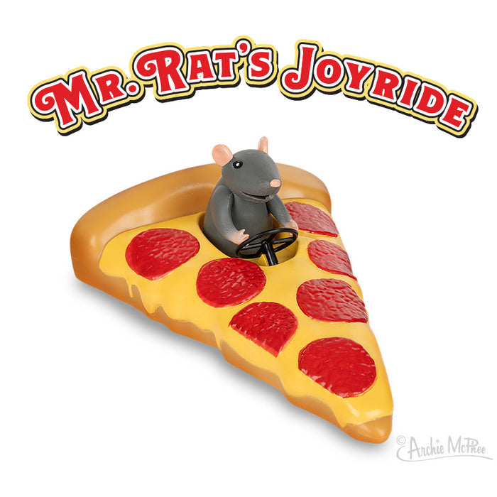 Mr. Rat’s Joyride is an exciting adventure featuring a rat toy energetically driving a slice of pepperoni pizza that has been ingeniously transformed into a pizza car, perfect for his thrilling escapade.