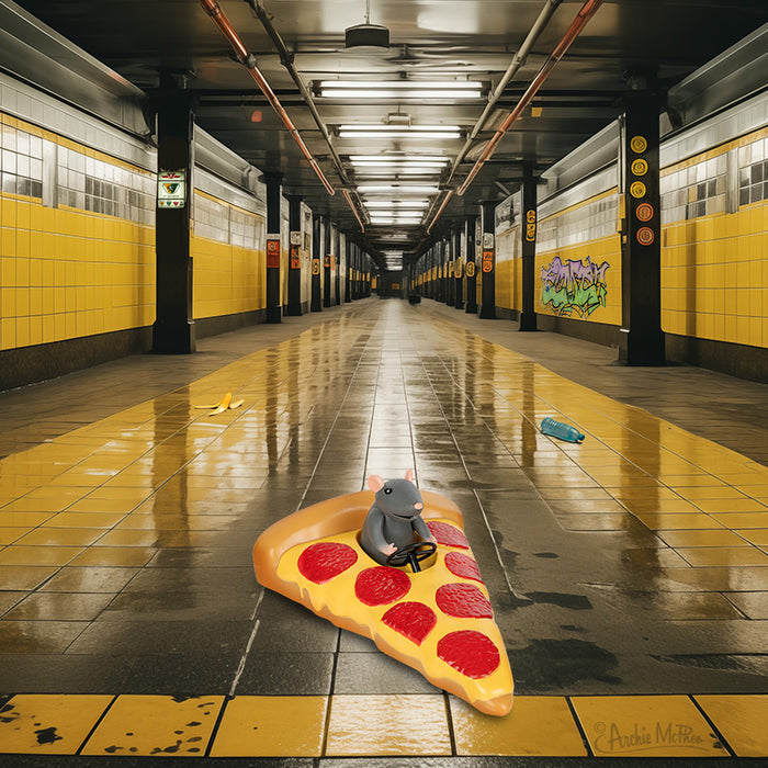 Mr. Rat's Joyride glides through a yellow-tiled subway station, where scattered trash and graffiti decorate the walls.