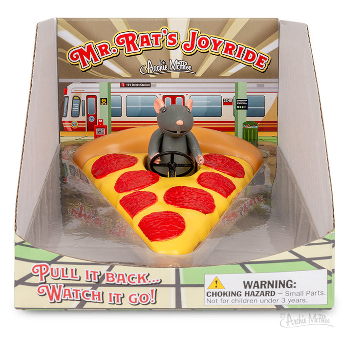 Mr. Rat's Joyride features a playful toy rat on a pizza slice, ingeniously crafted with a pull-back mechanism. This distinctive toy, named "Mr. Rat’s Joyride," races against a train background, inspiring imagination and excitement with each twist and turn.