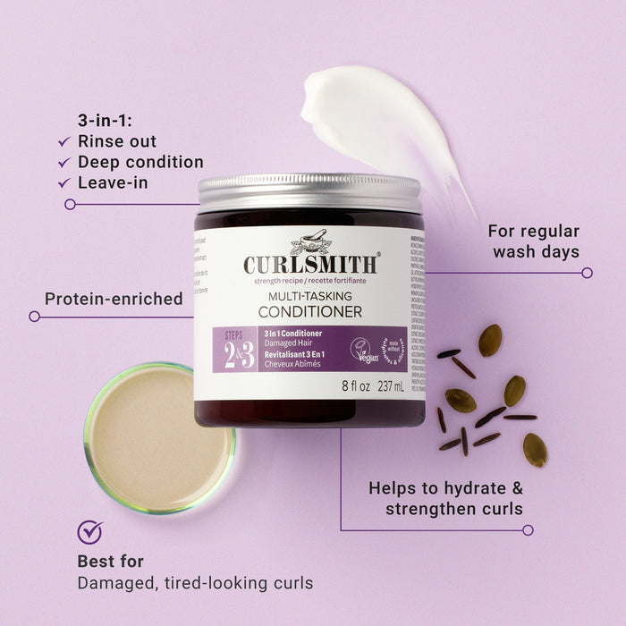 Curlsmith multi-tasking conditioner jar with text on a purple background