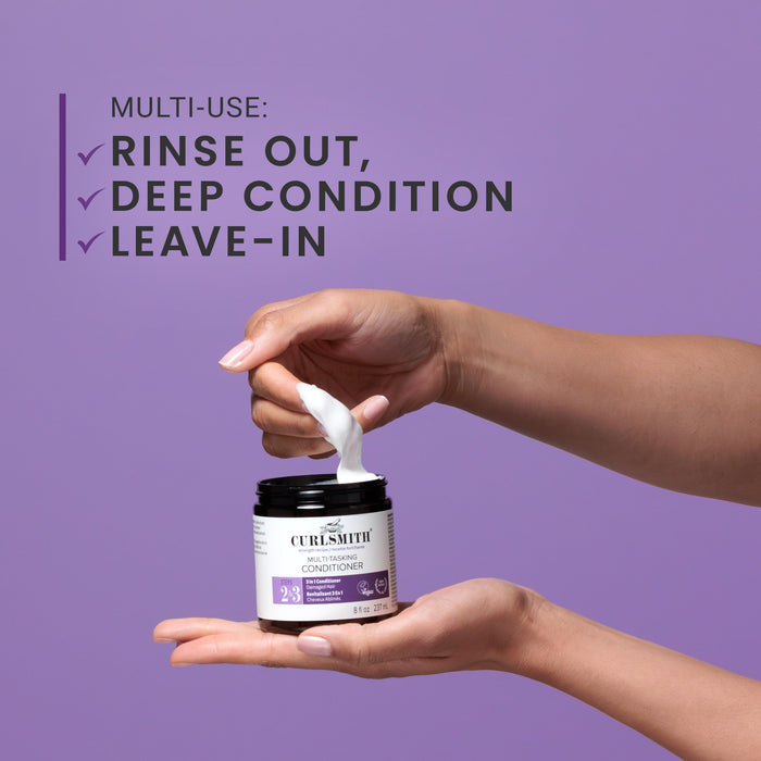 Person using a jar of Curlsmith product with text on a purple background