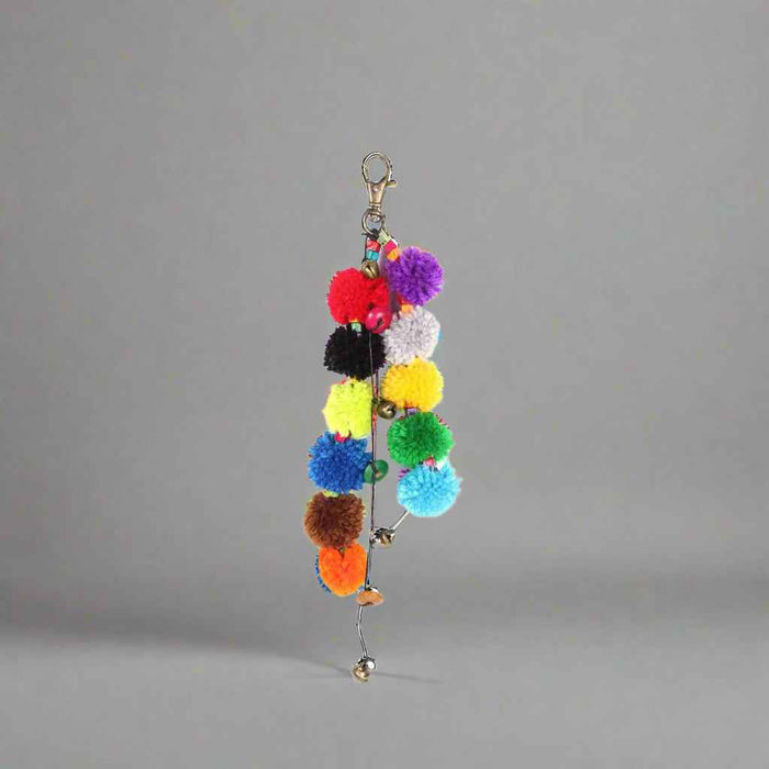 Multicolor Pom Pom Keychain with Beads and Bells | Handmade Zipper Pull | Thailand