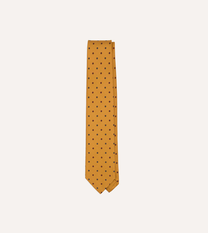 Mustard Flowers and Diamonds Print Silk Self Tipped Tie